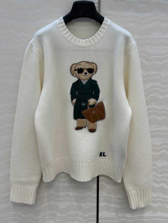 Polo Ralph Lauren Sweaters - Polo Ralph Lauren  White  Bear Embroidery Crewneck Knit Pullover Sweater